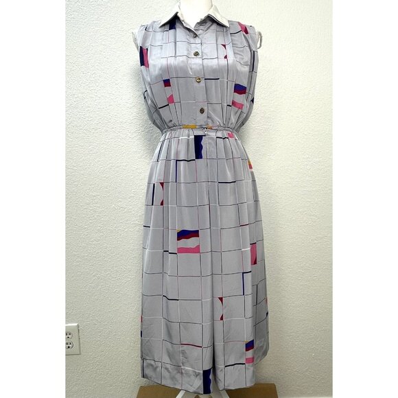 VTG LARUSE 1980s Womens SMALL Gray Multicolor Shapes Geometric SHIRT DRESS Read - Picture 1 of 9